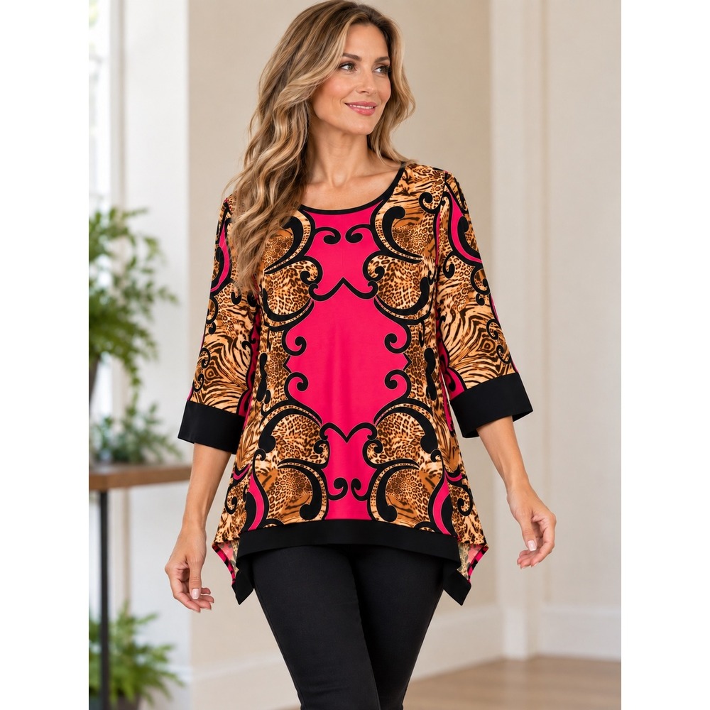 Eva Varro Pink Animal Print Baroque Sharkbite Tunic Top L Handcrafted USA